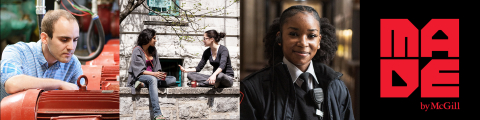 3张麦吉尔制造(Made by McGill)标志欧宝中文版的肖像(正在维修的白人男性技术员，在室外长凳上聊天的两名女同事，年轻的黑人女保安自信地盯着镜头)